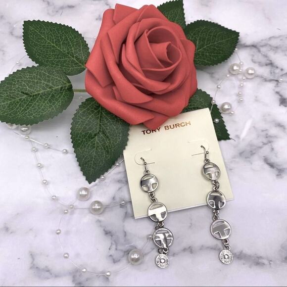 New Tory Burch Silver Round Drop T French Wire Dangle Earrings - Picture 5 of 7